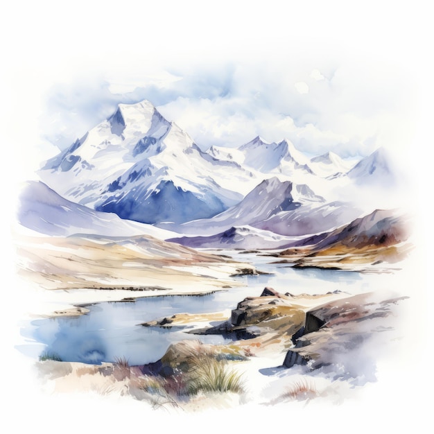 Paisaje de tundra con montañas en acuarela hiperrealista