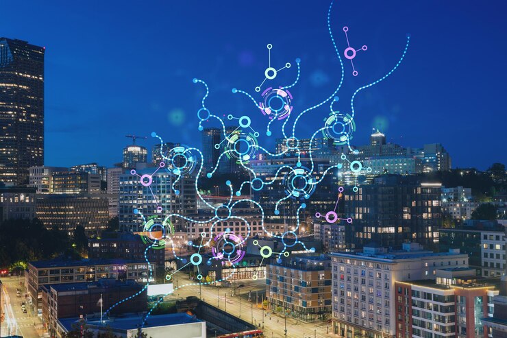 Foto paisaje urbano aéreo iluminado del centro de seattle por la noche washington ee.uu. concepto de inteligencia artificial holograma ai aprendizaje automático red neuronal robótica