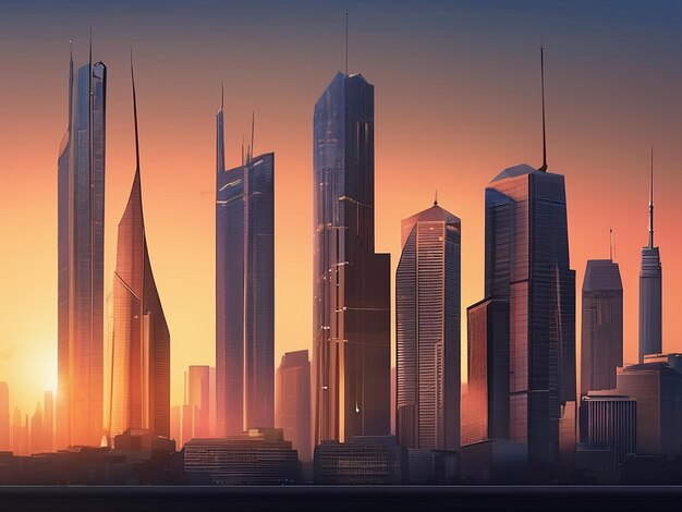 Paisaje urbano al anochecer horizonte urbano con rascacielos puesta de sol sobre la arquitectura