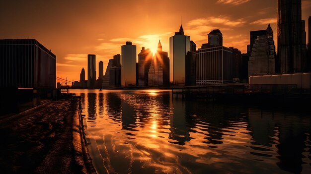 Foto paisaje urbano al anochecer horizonte urbano reflejado en el agua