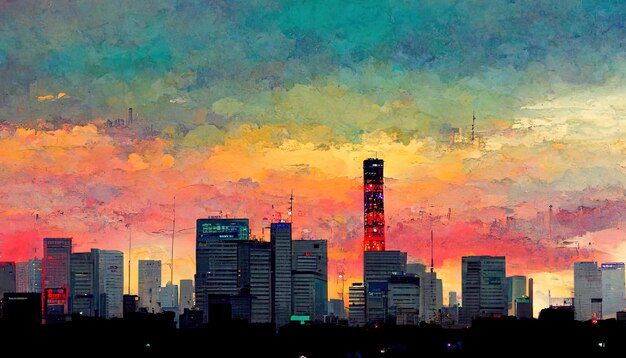 Paisaje urbano al atardecer en tokio japón Ai generativo