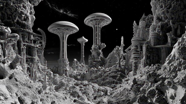Paisaje urbano alienígena Estructuras monocromáticas bajo un cielo oscuro