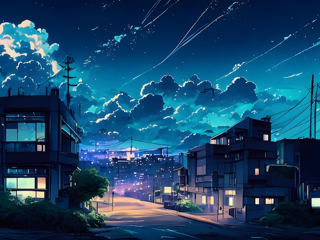 paisaje urbano anime en la noche