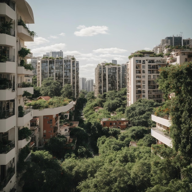 Paisaje urbano con apartamentos y vegetación.