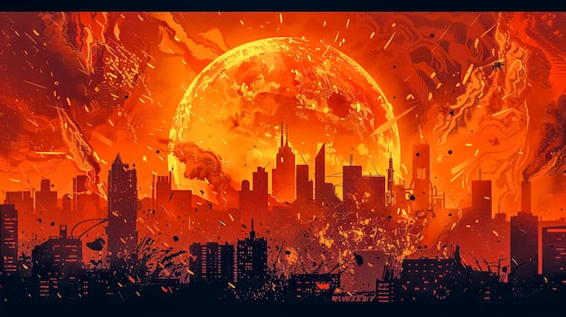 Paisaje urbano apocalíptico con un planeta en explosión