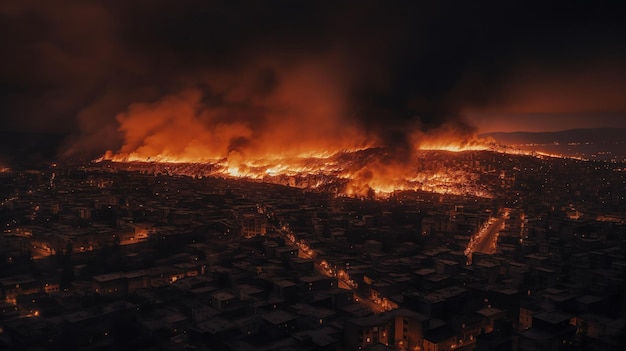 Paisaje urbano apocalíptico Una vista devastadora de una metrópolis en llamas