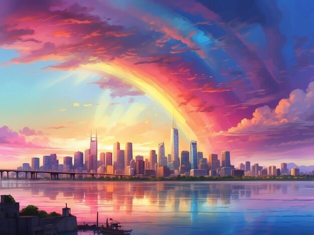 Paisaje urbano de arco iris brillante en estilo de ilustración Altos rascacielos de color saturado y brillante