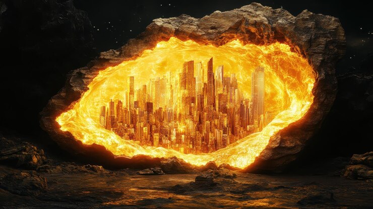 El paisaje urbano ardiente dentro de una formación rocosa volcánica