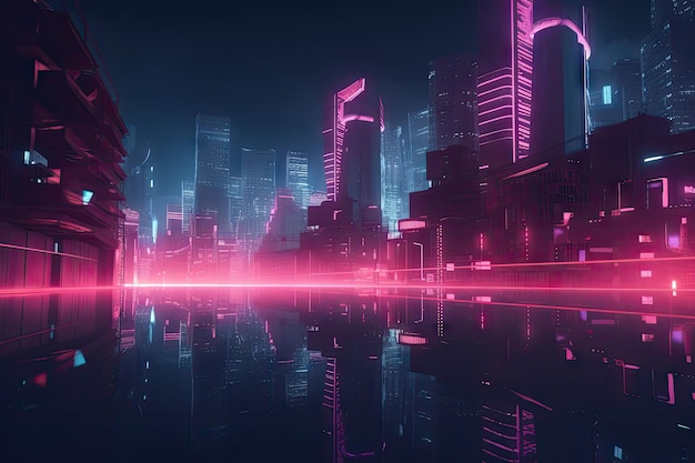 Paisaje urbano de arquitectura urbana panorámica con espacio y efectos de luz de neón Concepto de tecnología futurista de ciencia de alta tecnología moderna Diseño de ciudad de alta tecnología digital abstracto para fondo de banner