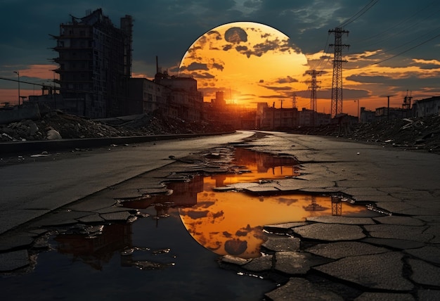 Paisaje urbano en el asfalto plano con una luna