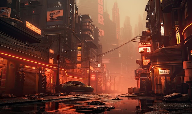 Paisaje urbano de Blade Runner de la ciudad en la niebla 3d render