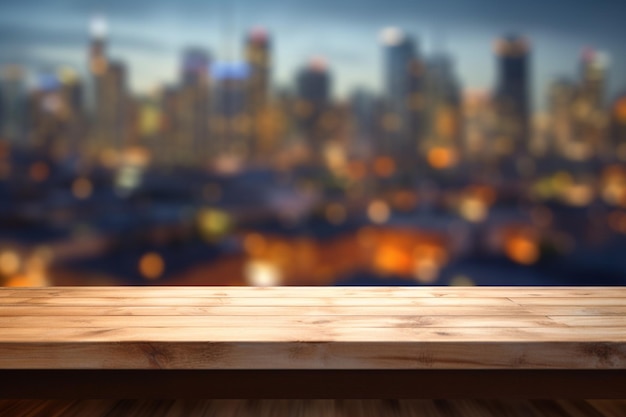 un paisaje urbano borroso con una mesa de madera frente a ella generativa ai