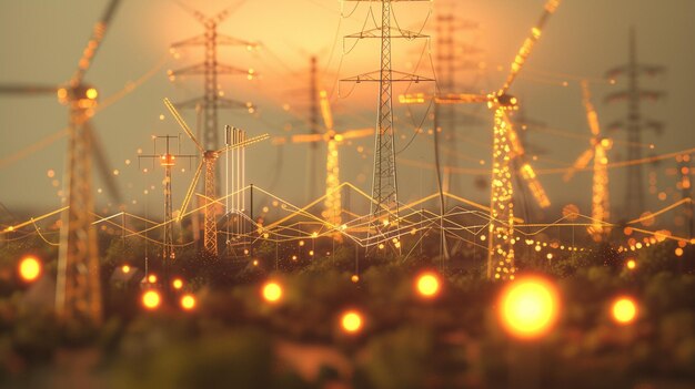 Paisaje urbano borroso con múltiples líneas eléctricas