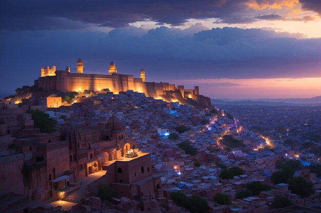 Foto el paisaje urbano brillante en jodhpur al anochecer el majestuoso fuerte encaramado en la parte superior dominando el paisaje azul de la ciudad