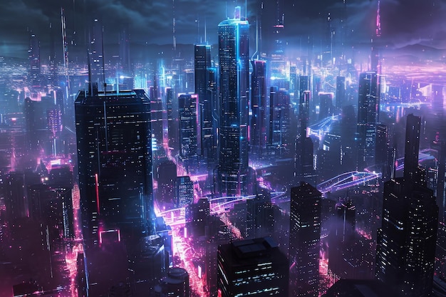 Un paisaje urbano bullicioso iluminado por luces de neón que muestra la energía vibrante de una metrópolis futurista después del anochecer Un paisaje urbana futurista en el Día de San Valentín Generado por IA