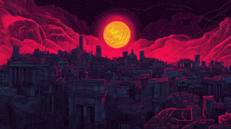 El paisaje urbano carmesí bajo una luna de sangre giratoria