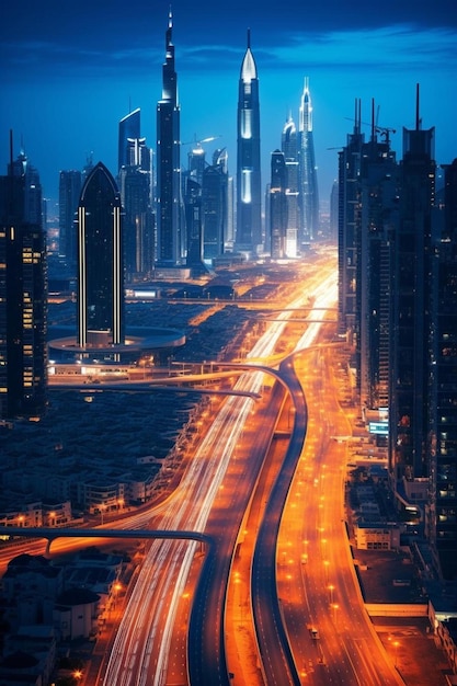 un paisaje urbano con una carretera y una ciudad por la noche