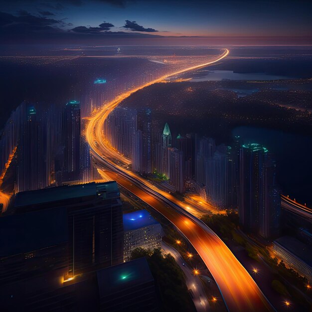 Un paisaje urbano con una carretera y un edificio con luces.