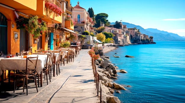Paisaje urbano casas coloridas ciudad y mar cielo azul y día soleado temporada de verano