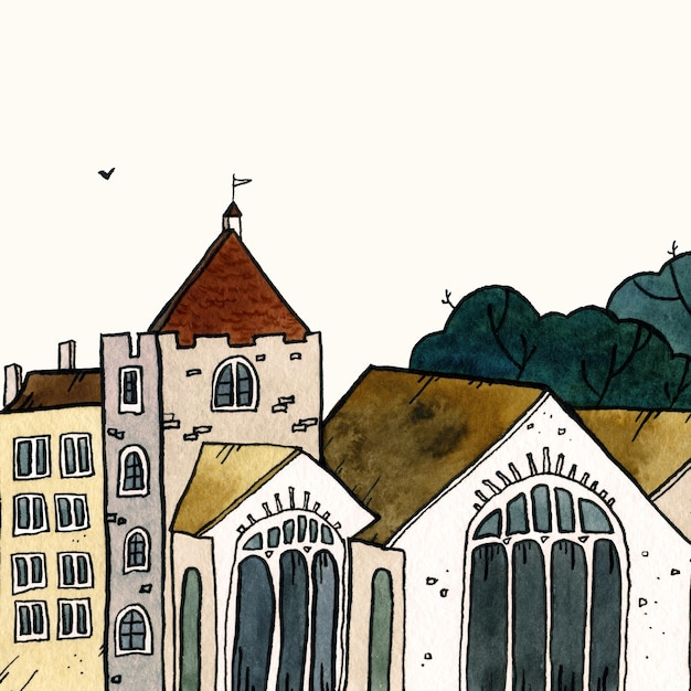 Paisaje urbano casco antiguo ilustración acuarela dibujada a mano Paisaje de la ciudad vieja con torre casas árboles Bosquejo de línea de tinta Grunge para tarjeta turística vintage cartel postal volante banner Vista de ciudad pequeña