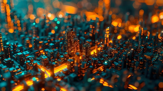 El paisaje urbano cibernético futurista brilla con neón iluminando una metrópolis de placas de circuitos complejos ideal para la tecnología y los temas urbanos de IA