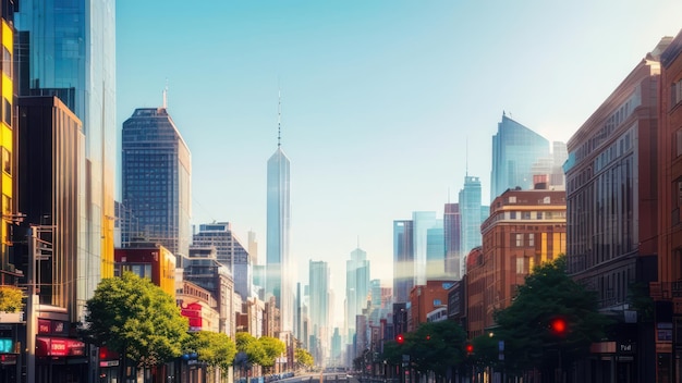 Un paisaje urbano con un cielo azul y un edificio con un letrero blanco que dice nyc.