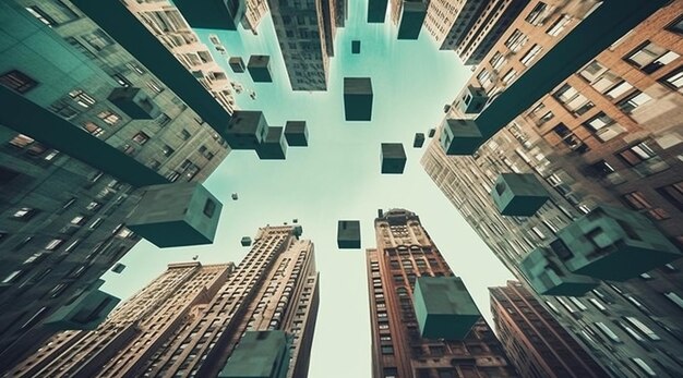 Un paisaje urbano con un cielo azul y edificios.