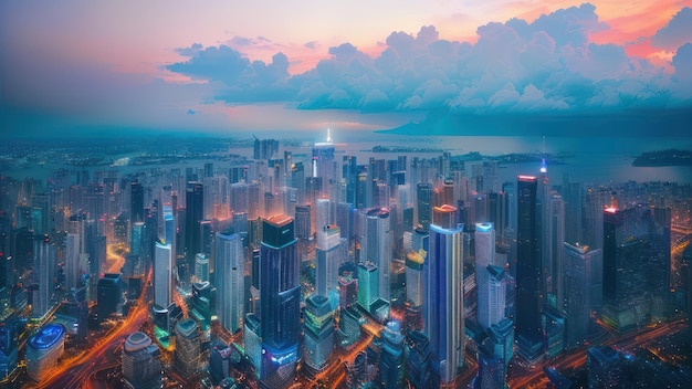 Un paisaje urbano con un cielo azul y una nube en el fondo.