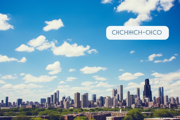 Foto un paisaje urbano con un cielo azul y las palabras chicago en la parte superior