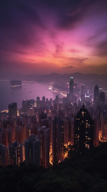 Un paisaje urbano con un cielo morado y las luces de la ciudad.