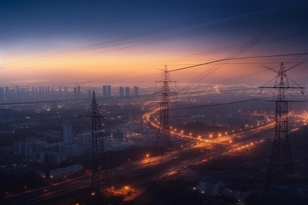 Foto un paisaje urbano con una ciudad al fondo y el cielo iluminado por la noche.