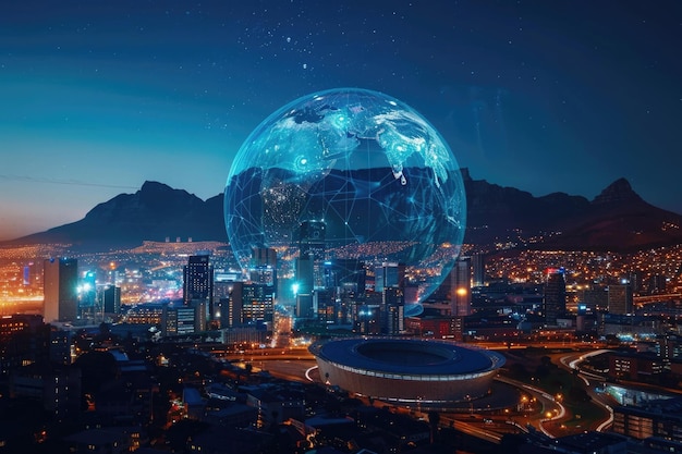 Paisaje urbano de Ciudad del Cabo con globo holográfico y desarrollo tecnológico