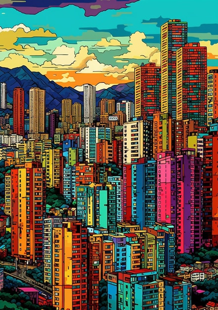 Un paisaje urbano de colores brillantes de una gran ciudad con edificios altos generativo ai