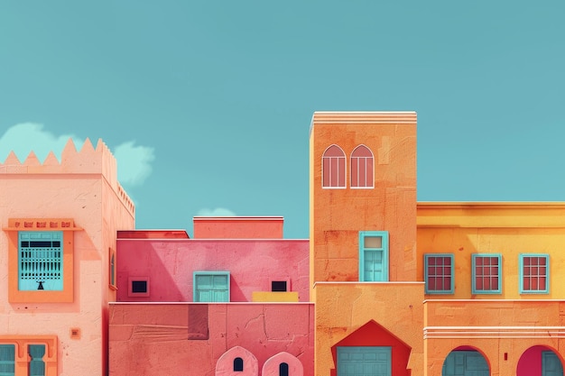 Un paisaje urbano colorido con edificios amarillos, azules y rosados