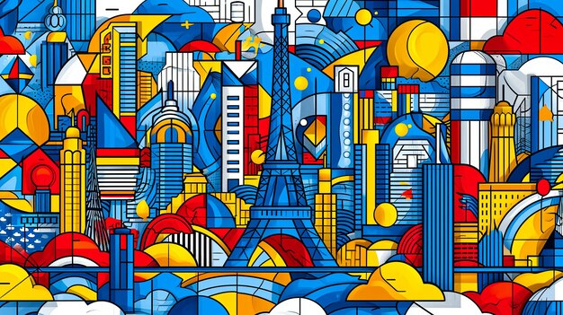 Un paisaje urbano colorido con una gran Torre Eiffel azul y amarilla en el medio