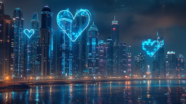 Paisaje urbano con corazones azules brillantes La imagen muestra una vista nocturna de una ciudad con rascacielos y un río en primer plano