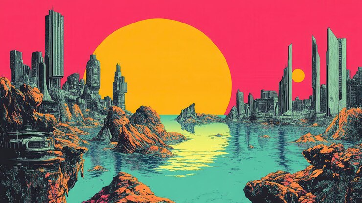 Paisaje urbano costero futurista bajo un sol gigante