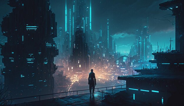 Foto un paisaje urbano cyberpunk con un fondo de luces de tecnología azul ia generativa