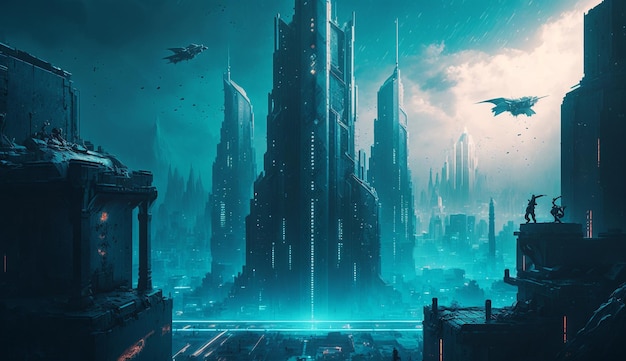 Un paisaje urbano cyberpunk con un fondo de luces de tecnología azul IA generativa