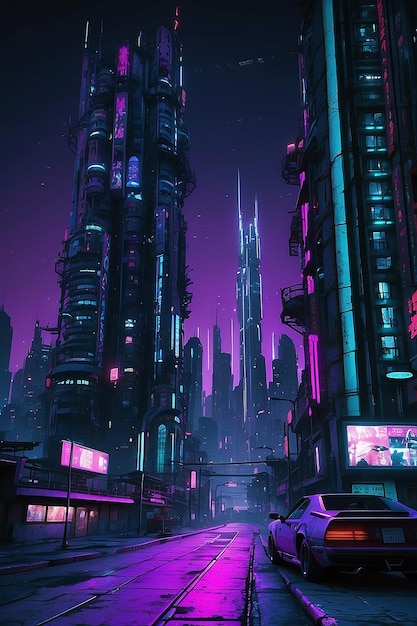 Foto el paisaje urbano cyberpunk de neon nights en púrpura y azul