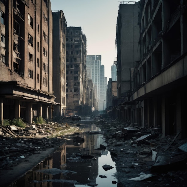 Un paisaje urbano derrumbado sus calles una vez vibrantes ahora silenciosas y salpicadas de escombros y escombros