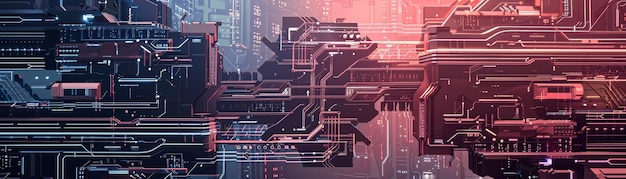 Paisaje urbano digital futurista con circuitos de neón complejos y diseño tecnológico que crea un cyberpu