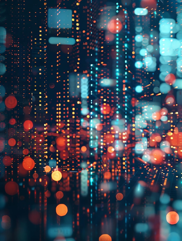Foto un paisaje urbano digital renderizado con luces rojas, naranjas y azules brillantes que sugieren un entorno urbano vibrante y dinámico.