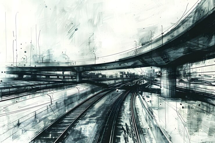 Paisaje urbano dinámico Un viaje monocromático a través de ferrocarriles y pasos elevados