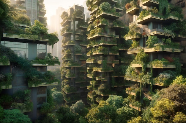 Un paisaje urbano donde la naturaleza y la arquitectura se unen creando un impresionante bosque vertical