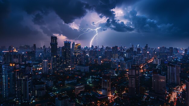 Foto un paisaje urbano dramático con un cielo tormentoso y relámpagos