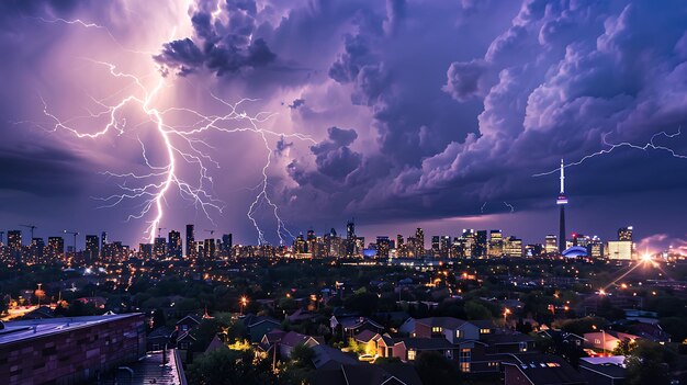 Foto un paisaje urbano dramático y vibrante está iluminado por una furiosa tormenta de relámpagos