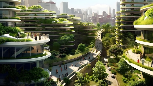 Foto paisaje urbano ecológico un paisaje urbano futurista con techos verdes paneles solares y turbinas eólicas