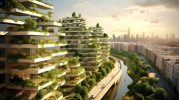 Foto paisaje urbano ecológico un paisaje urbano futurista con techos verdes paneles solares y turbinas eólicas