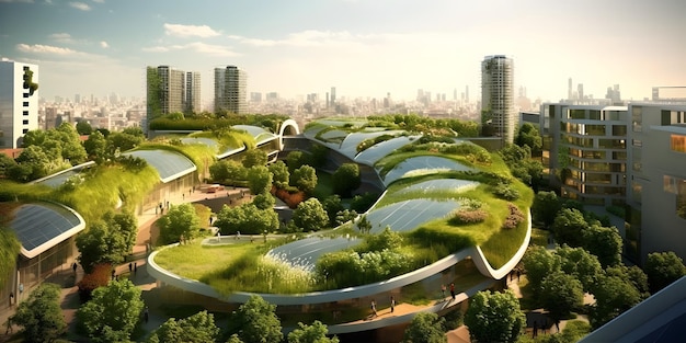 Paisaje urbano ecológico Un paisaje urbano futurista con techos verdes paneles solares y turbinas eólicas